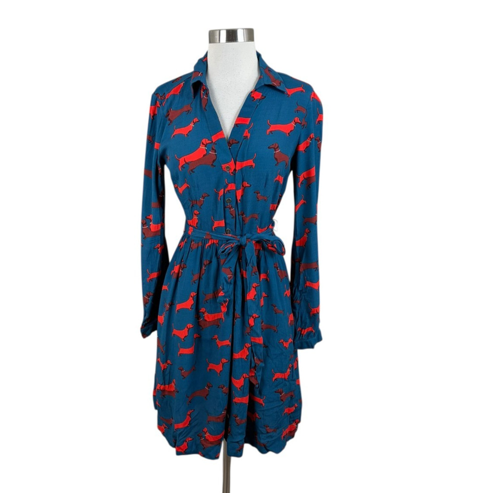 Anthropologie Dachshund Print Doxie Dog Lover Belted Long Sleeve Shirt Dress 4